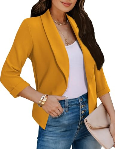 Tralilbee Women's 3/4 Sleeve Cropped Blazer Lightweight Tunics Business Casual Jacket for Work, Mustard, M