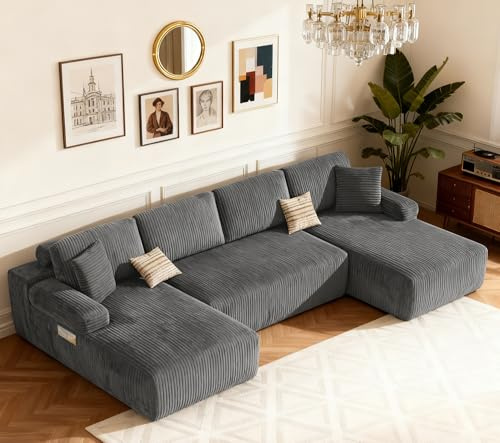 DURASPACE 320cm U Shaped Sofa with Chaise, Modular Boneless Comfort Sectional Sofa Couch, Modern Corduroy Deep Seat Couch, Convertible 4-Seater for Living Room (Grey)
