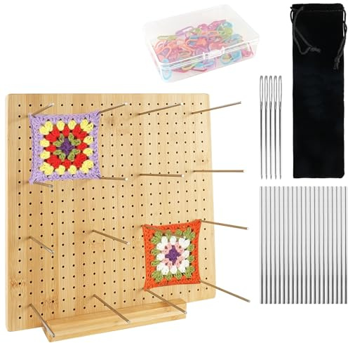 Crochet Blocking Board Granny Square Blocking Board Wooden Crochet Blocker Knitting Blocking Board with 20 Steel Pins 5 Large Eye Needle, Storage Box Storage bag, 30 Stitch Marker, Gifts for Mothers