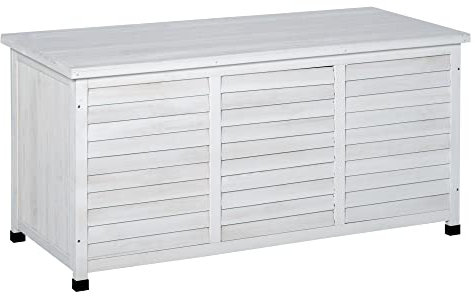 Outsunny Coffre de rangement extérieur, malle de rangement en bois, 283L, avec petites ouvertures en bas, 2 chaînes, 127 x 56 x 60 cm, blanc