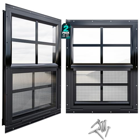 Shineforu 14 x 27 Black Shed Windows 2 Pack,Small Windows with Tempered Glass - Flush Mount | Ultimate Choice for Chicken Coop, Greenhouse, Garage, Playhouse