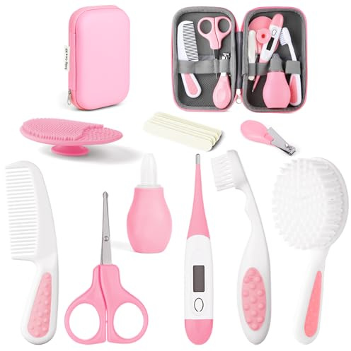 flintronic 14 Pezzi Set per la Cura del Bambino, Kit per la Cura e L'igiene del Bambino, Accessori per la Cura del Neonato con Spazzola, Pettine, Tagliaunghie, per Neonati (Rosa)