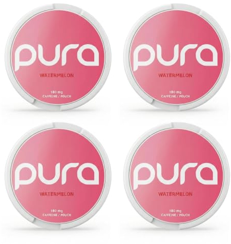 Pura Energy Pouches | 180 mg Naturligt Koffein | Sockerfri Energi med Vitaminer & Aminosyror | 20 per Dosa  (4-pack, Watermelon)