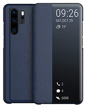 KANSi Kompatibel med Huawei P30 Pro-fodral, Smart View Flip läderfodral + skärmskydd - marinblå