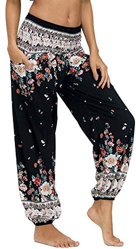 Nuofengkudu harembyxor, hippiebyxor för kvinnor, säckiga, bohemiska, mönstrade, hög midja, smockad midja, tunna med fickor, loungebyxor för yoga, sommar, strand, Vit blommig, en storlek