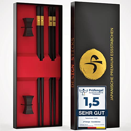 JP Design 2er Set Premium Essstäbchen und Ablagen,, Fiberglas, Spülmaschinenfest, Sushi Zubehör inklusive schwarzer Geschenk-Box + Gratis Sushi Rezepte E-Book