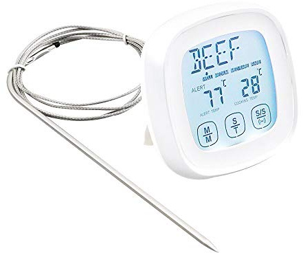 DollaTek Termometro per Carne Termometro per Alimenti a Lettura istantanea Termometro da Cucina Digitale con sonda di Allarme Timer per Forno, Cucina, Grill, affumicatore - Bianco