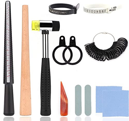 LUTER 11 Stück Schmuck Ring Sizer Tools Set, Ringdorn, Ring Sizer, Ringreparaturwerkzeug, Gummihammer, Kunststoff Ring Sizer Messgerät, Schmuckreinigungstuch, Polierstangen, Polierter Achat