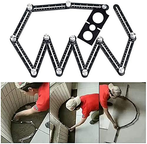 Herramienta de plantilla – Plantilla de ángulo – Regla de medición multiángulo – Aleación de aluminio – 12 lados – Herramienta de azulejos con agujero – Negro