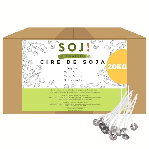 100 stoppini, 20 kg, cera di soia in pastiglie, speciale per candele colate, senza OGM, confezionata a Marsiglia, cera per candele, cera vegetale.
