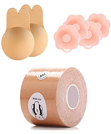 GiantGo Soutien-gorge de soutien sans bretelles auto-adhésif solide avec couvre- invisible push-up dos nu pour grandes seins, beige