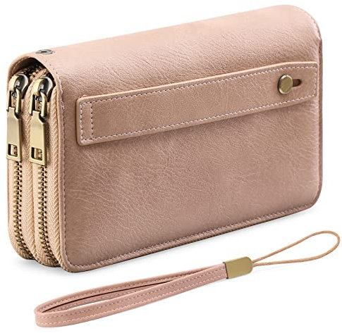 GAEKEAO Geldbörse Damen Gross, Portemonnaie Damen Veganes Leder Doppel Reißverschluss Kreditkartenetui, RFID Schutz Clutch Geldbeutel Groß, mit Viel Kartenfächer Wallet, Portmonee für Frauen