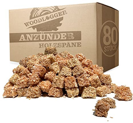 Woodlogger Sägespäne 80 Stück für schnelles Feuer | Anzünder für Kamin, Grill, Ofen und Kachelofen | Nachhaltige Anzündwolle aus Holz | Ohne chemische Zusätze und geruchsneutral