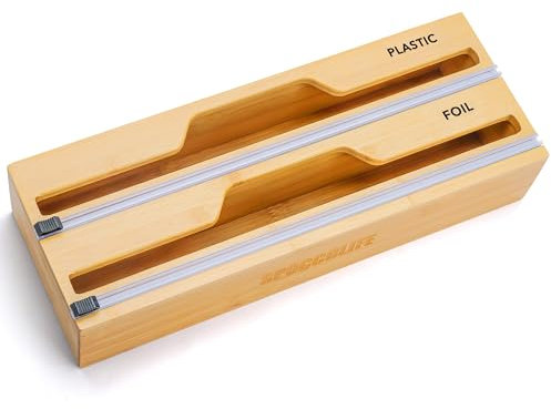 SPOCCOLIFE Foil and Cling Film Dispenser and Cutter, Compatible with 35cm Wide Rolls, Kitchen Wrap Oraganizer for Cling Film Tin Foil Parchment Paper (Natural)