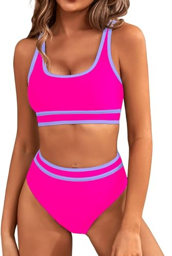 Genfien bikiniset för kvinnor hög midja bikini med hög midja badmode magkontroll bikiniset färgblockerande push-up baddräkt, ROSA, L