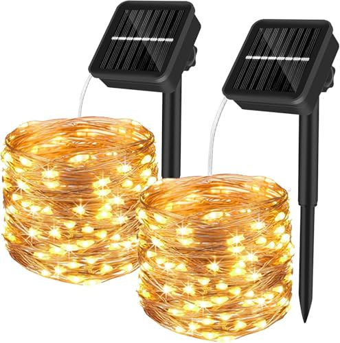Yizhet Luci Solari Esterno 2 Pezzi 15+2M 150 Led Catena Luminosa Solare, 8 Modalità, Impermeabile IP65, Luce Bianca Calda, Totale di 34M 300 Led per Giardino Albero Patio Natale