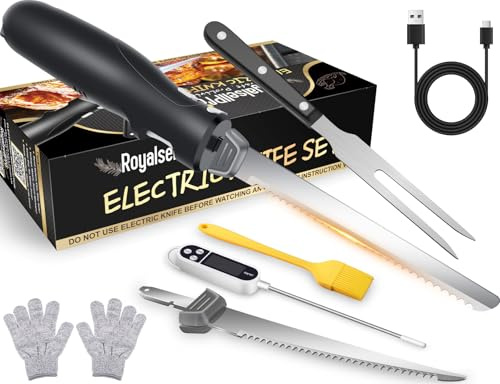 Royalsellpro Electric Knife Set with 7-Inch Stainles Steel Blades, Safety Lock Button & Knife Stand, Ideal for Carving, Slicing & Cutting Meats, Turkey Bread & Craft Foam, Dishwasher Safe, Black