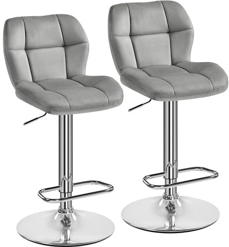 Yaheetech Barhocker 2er Set Höhenverstellbar 360°Drehbar Barstühle Küchenstühle mit Rückenlehne und Fußstütze Barstuhl aus Samt Sitzhöhe 62,5 cm - 84,5 cm für die Küche, Hellgrau