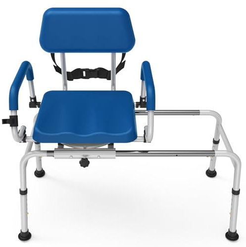 Loyoda FSA/HSA Eligible Sliding Shower Chair Tub Transfer Bench for Bathtub with Swivel Seat, Padded Shower Bench with Pivoting Arms, Height Adjustable Shower Seat, 350 lbs, Blue, Standard