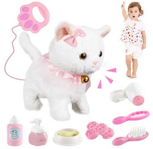 Lotvic Gato de Peluche Electrónico, Gato Interactivo, Gatos Mascota Interactivo Realista, Juguetes de Peluche Interactivos, Caminar, Ladrar y Menear la Cola, Regalos de para Niñi/Niñas de 3-6