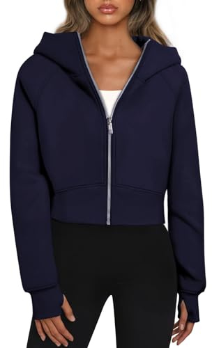 YUTILA Damsweatjacka, huvtröja, långärmad, kort huvtröja, sweatshirt, crop huvjacka, cropped jacka med dragkedja, Marinblå, M