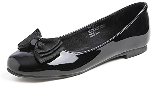 FEVERSOLE Women's Round Toe Cute Bow Trim Ballet Flats Black Patent Size 10 M US