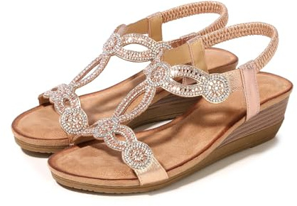 YOUNIFIZ Womens Sandals Wedge Heel Glitter Shoes for Ladies Elstic Back Strap Rhinestones Bridal Wedding Evening Outdoor Summer Shoes Size 3-7.5 (Champagne,Size 7)