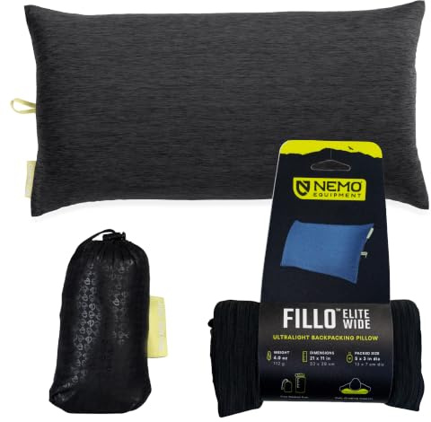 NEMO utrustning Fillo Elite bred campingkudde – svart pärla/katt | Ultralätt, packbart, luftstöd, avtagbart skydd, resor, backpacking