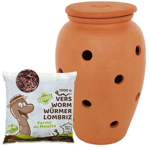 WORMacotta | Lombricompostador de 6,5 L en terracota para enterrar | 250 gr de gusanos de compost | Convierte tu maceta en un furfurcador | Composta tus residuos orgánicos