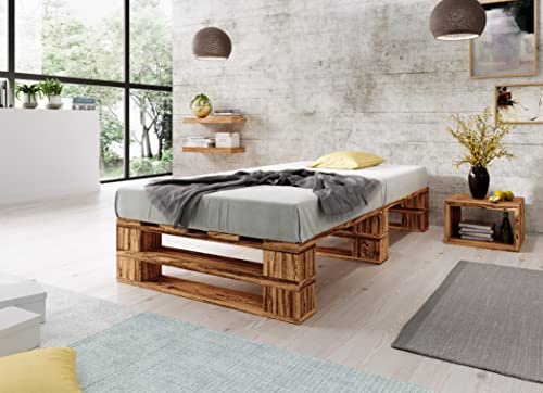 Lermowood Palettenbett M2 aus Holz 100 x 200 cm Geflammt mit Lattenrost Holzbett 30cm Stabiles Seniorenbett Kinderbett Jugendbett Gästebett erhöhtes Einzelbett Bettgestell Futonbett Komforthöhe