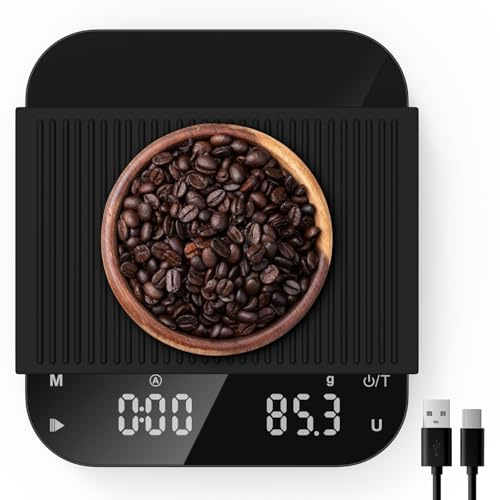 Bilancia Caffe [0,1g/3kg-USB Carica] Diyife Bilancia da Caffè Digitale con Timer, Espresso Bilancia Precisione, Pad in Silicone, Funzione Tara, con Display LED, per Caffè,Laboratori,Gioielli,Alimenti