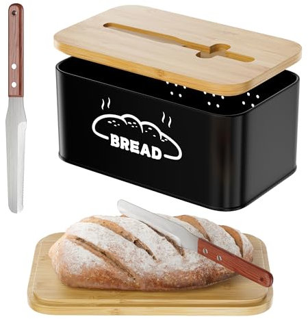 COCASES Bread Bin with Knife for Kitchen 2-IN-1 Steel Bread Box Basket with Wooden Lid Freshness for Biscuit Crusty Wholemeal Bread Snack Bread Storage Containers for Corner Black