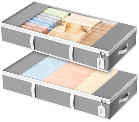 LAMU 2 pezzi Contenitori sottoletto, scatole di stoccaggio sotto il letto, 54L sacchetti di stoccaggio sotto il letto pieghevoli con finestra e 3 maniglie in PU per vestiti, coperte, piumone, grigio