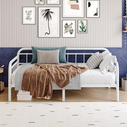 HAHRIR 90 x 200 cm Sofá cama metálico, estructura de plataforma de acero robusta, diseño moderno, adecuado para sala de estar/dormitorio, sofá cama que ahorra espacio, fácil de montar, blanco