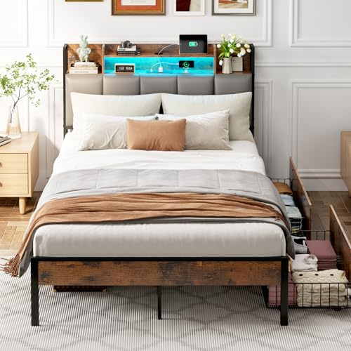 ODK 4ft6 Double Bed Frame with Storage Upholstered Headboard | LED Light & Charging Station, Platform Metal Bed Frame Double with 2 Underbed Drawers, Strong Metal Slat Support