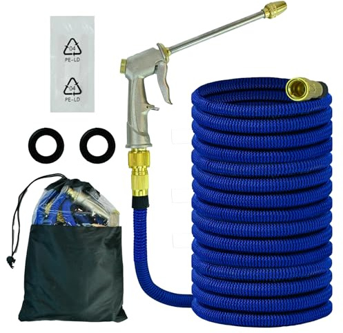 50FT Expandable Garden Hose,5-in-1 Flexible Water Hose with High-Pressure Metal Water Gun,4 Layer Latex and 3/4'' Solid Brass Fitting, Heavy Duty Hose Pipe for Gardening,Car Washing,Walls and Floor