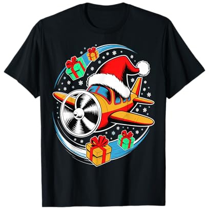 Avion de Noël Amusant avec lumières et Bonnet de Père Noël T-Shirt