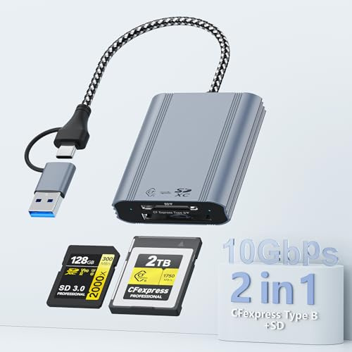 Lettore di schede CFexpress Type B & SD con USB 3.2 Gen 2 10Gbps, USB-C/USB-A 2-in-1,CF express reader compatibile con Windows/Mac/Linux/Android, per iPhone17/16/15, PC, tablet, smartphone