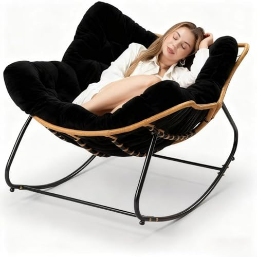 Rocking Chair for Adults Oversized Reading Nook Chair Indoor Outdoor Rocking Chair, Comfortable Upholstered Modern Lounge Chair, for Bedroom, Living Room, Porch, Garden, Patio (Black,Oversized)