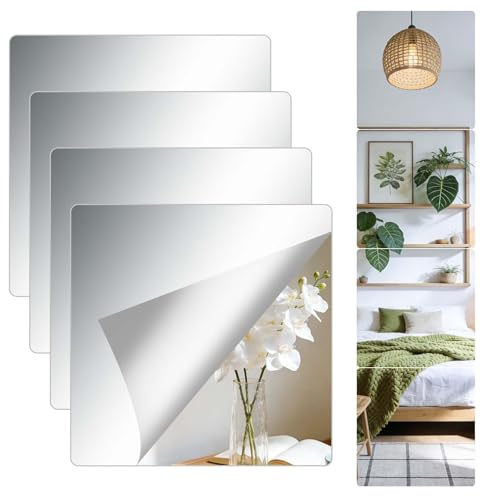 Ytwehela Set med 4 självhäftande speglar - 25 x 25 cm - HD - Självhäftande spegel för att klistra på - För vägg, skola, hem, vardagsrum, badrum, sovrum
