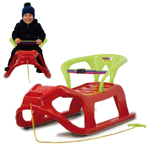 JAMARA 460366 - Snow Play Schlitten mit Lehne Snow-Star 90cm rot - Rückenlehne inkl. Sicherheitsband, ergonomischer Sitz, Metallkufen, Kippschutz, robuster Kunststoff, Seil mit Griff zum Ziehen, 3KG