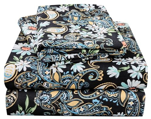 JSD Black Paisley Floral Sheet Set King Size, 4 Piece Soft Print Microfiber Bedding Sheets 15 Extra Deep Pocket