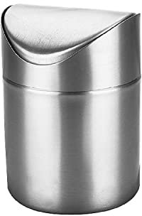 ETRAVEL Mini Desktop Bin with Lid, Brushed Stainless Steel Swing Bin, Nappy Bin Small Desk Indoor Dust bins Car Bathroom Kitchen Waste Containers Coffee Pods Tea Bags 12 * 12 * 16.5CM 1.5L (1PCS)