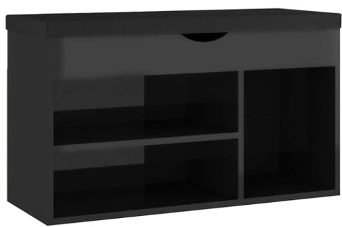 vidaXL Banc à Chaussures et Coussin, Organisateur de Maison, Meuble de Rangement Salon Couloir Entrée Intérieur, Noir Brillant Bois d’Ingénierie