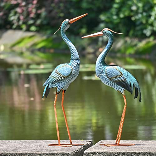 TERESA'S COLLECTIONS Gartendeko für draußen, Gartenstatuen, 2er Set Fischreiher Metall Kraniche Figuren, 78.7/78.1cm große Blaue Teichfigur,Geschenke für Frauen