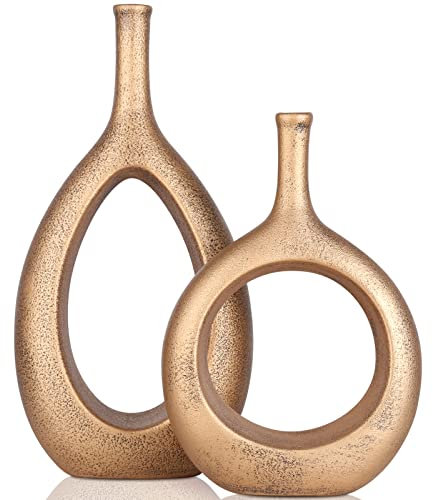 Vintage Gold Keramik Vase Satz von 2 für Moderne Home Decor,Runde Matte Vasen für Pampasgras, Neutral Boho Nordic Minimalismus Stil Blumenvasen,Zimmer Deko für Geschenk