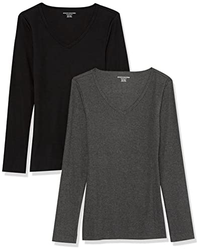 Amazon Essentials Lot de 2 Chemises à Manches Longues en Tricot côtelé à col en V pour Femme Coupe ajustée Noir/Anthracite chiné, XXL