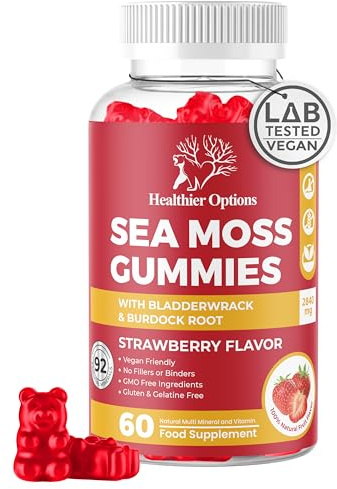 Healthier Options Irish Sea Moss Gummies with Bladderwrack & Burdock Root 5680 Mg | 60 Gummies | Strawberry Flavour | Vitamins & Minerals | Organic, Natural, Vegan, Gluten Free, Non GMO, High Strength