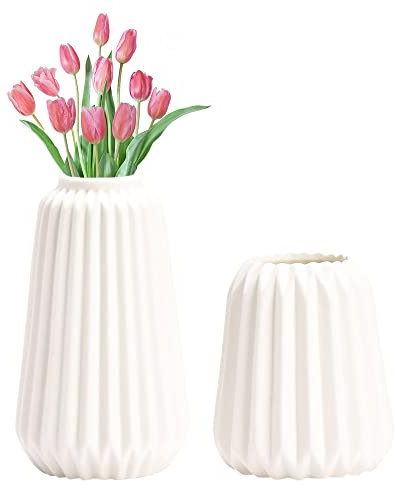 SCHYIDA 2-Teilig Vasen Set - Keramik Blumenvasen Vintage Weiß Porzellan - Dekoration für Innenbereich, Ohne Blumen