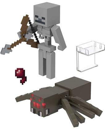 Mattel Minecraft Squelette et sa Monture Araignée Coffret de 2 figurines articulées de 8 cm et accessoires, cadeaux pour enfants à collectionner HLB29